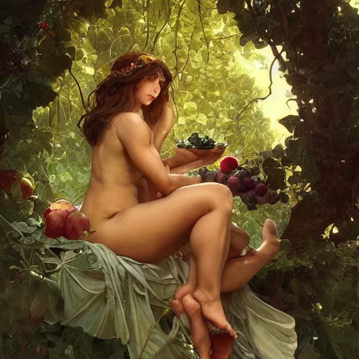 Image similar to eve eating fruit from the tree of knowedge of good and evil in the gardnen of eden, highly detailed, digital painting, artstation, concept art, smooth, sharp focus, illustration, artstation, art by artgerm, greg rutkowski, alphonse mucha, ilya repin and charlie bowater