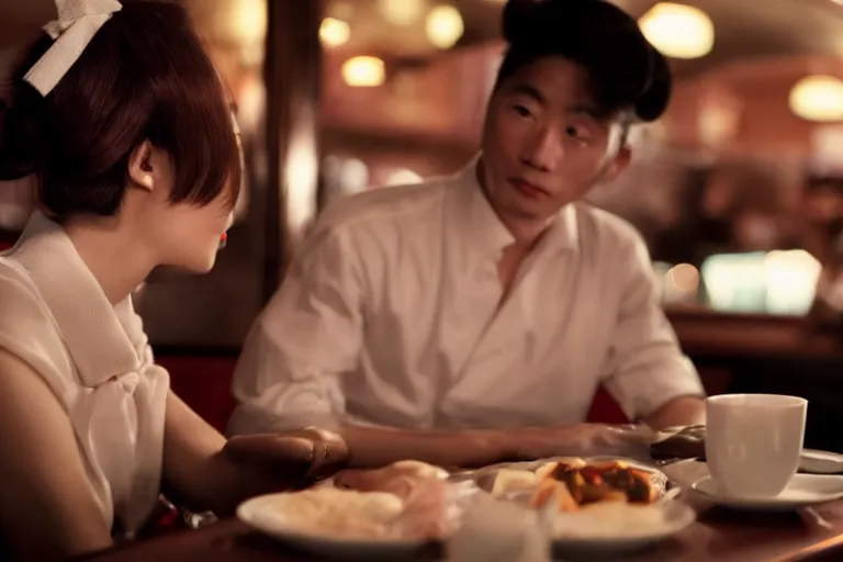 Prompt: movie interior closeup beautiful Japanese model couple closeup sitting and talking at 50s diner, night in the city, beautiful skin, by Emmanuel Lubezki