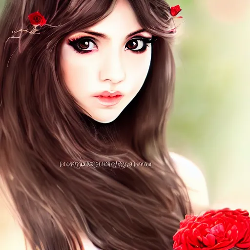 Image similar to young girl arabic oriental, black long hair, sharpe eyes very very beautiful, holding red rose high resolution 8 k, very detailed