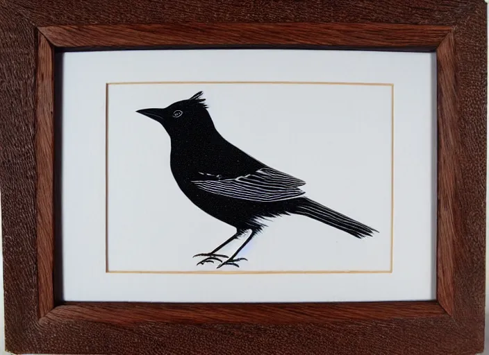 Prompt: a beautiful Wood engraving on paper of a Blackbird, framed with a white border