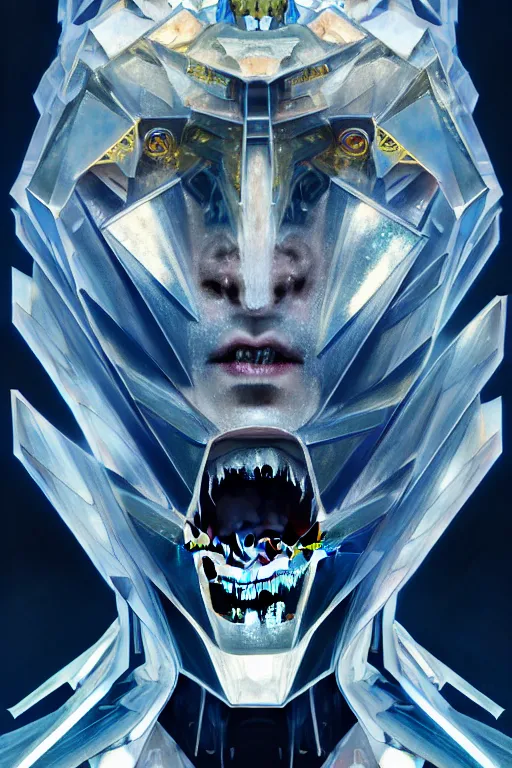 Image similar to dreamland of chinese, ghost, sharp, slender and densely arranged teeth, futuristic, expressive, dystopian, cyberpunk, mecha, halfturn portrait of a big crystal face made of crystals half - turn, ominous, intricate, studio, art by anthony macbain + greg rutkowski + alphonse mucha, concept art, 4 k, sharp focus