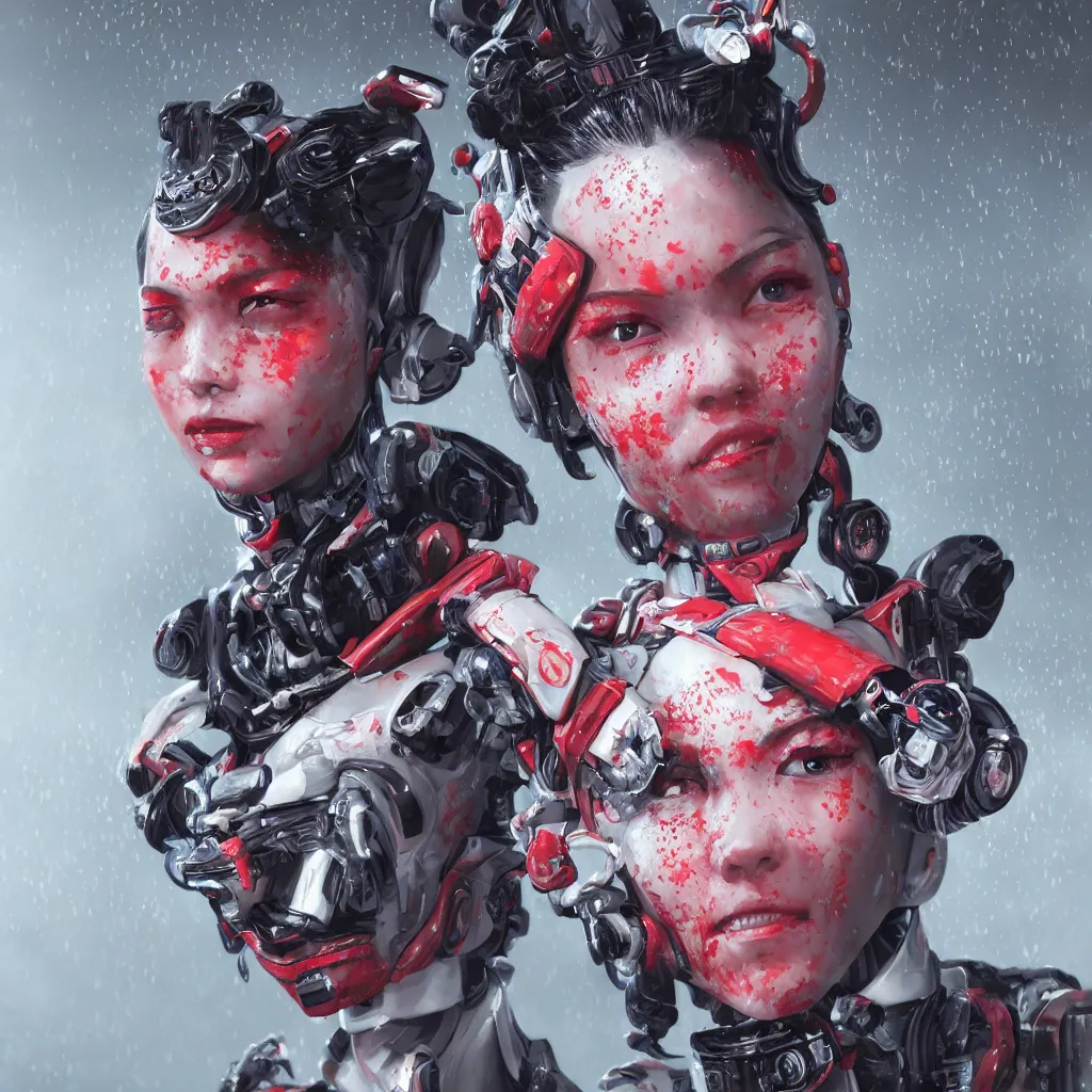 Prompt: An epic fantastic realism comic book style portrait painting of a Japanese robotic geisha, cherry blossom rain everywhere, Apex Legends Concept Art, porcelain, unreal 5, DAZ, hyperrealistic, octane render, cosplay, RPG portrait, dynamic lighting