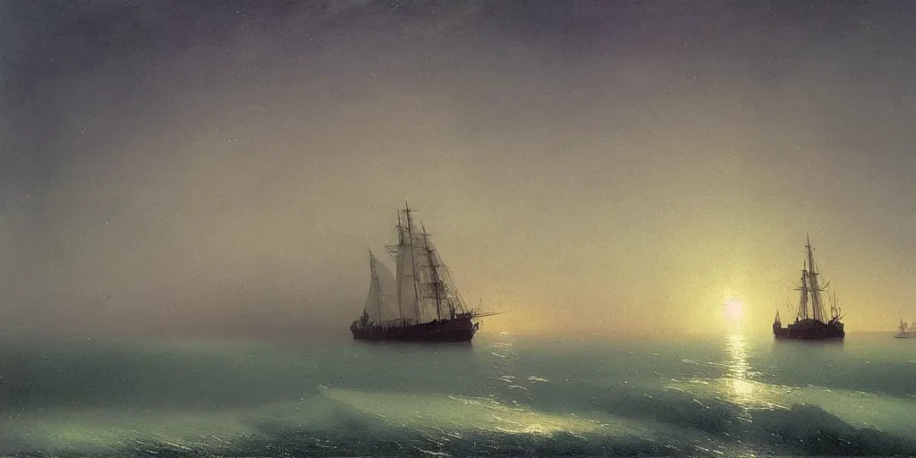 Image similar to “ a single three - masted sail ship beset in solid white ice, nighttime, aurora borealis, painting by ivan aivazovsky ”