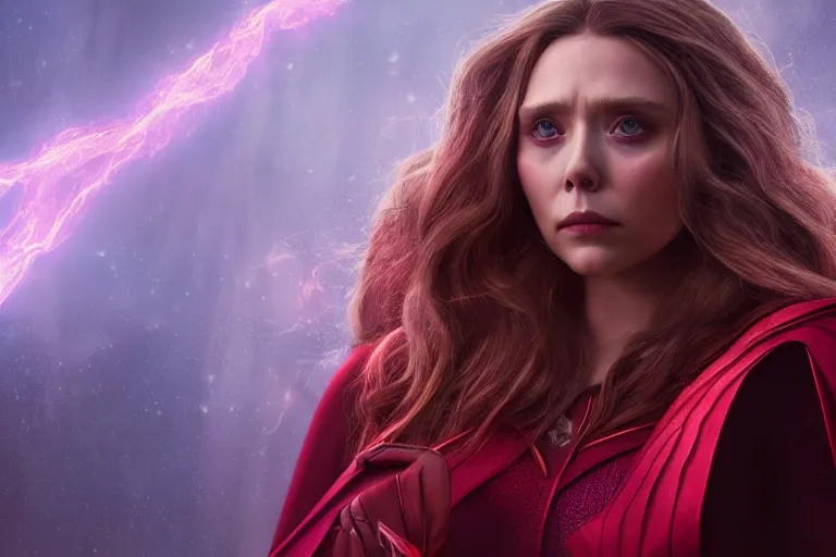 Image similar to movie still of elizabeth olsen as scarlet witch rewriting the fabric of reality, photorealistic art style, fantasy aesthetic. full - body photography, comprehensive art, thorough details, intricate, artstation, cgsociety contest winner