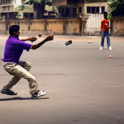 Prompt: a man playing street cricket with friends in indian, with the wickets visible, extremely detailed, high human appeal, real life image, national geographic award winning image, taken from dslr