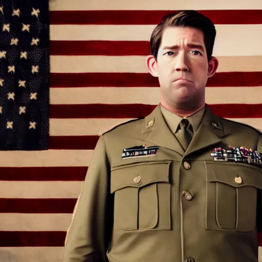 Prompt: general patton but as john krasinski standing in front of american flag, perfect face, sharp focus, illustration, octane render