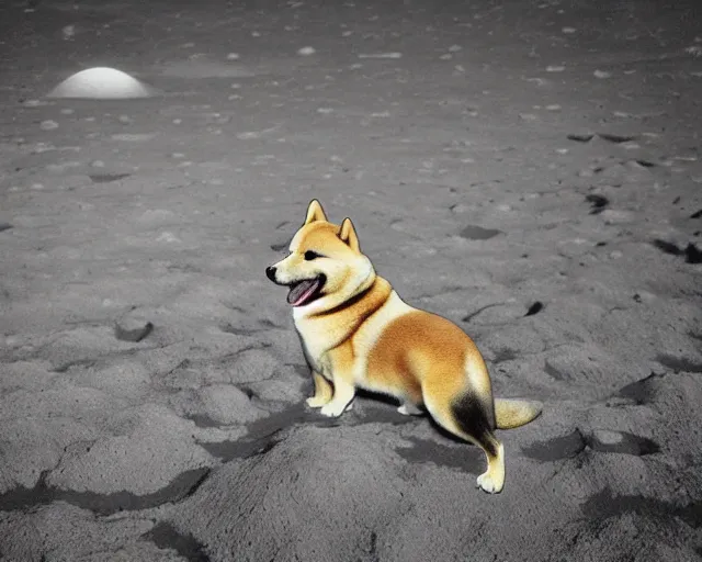 Image similar to hyper realistic shiba on the moon, first shiba on the moon, 9 0's photograph