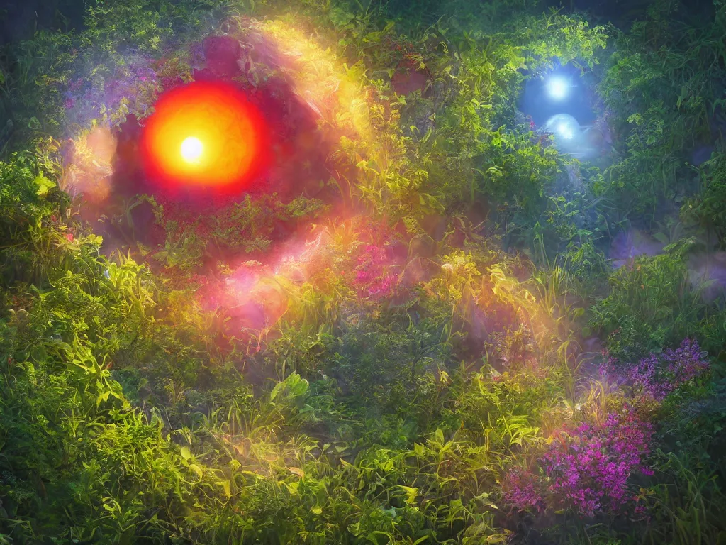 Image similar to sunlight study, the universe is a spheroid region 7 0 5 meters in diameter of kauai wildflower undergrowth, art nouveau, by rachel ruysch and ( ( ( ( ( lisa frank ) ) ) ) ), 8 k, sharp focus, octane render