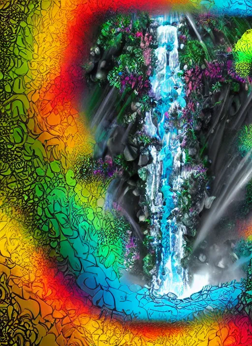 Prompt: a 3 d fractalpunk illustration of a waterfall, colors splashing and spattering the ground