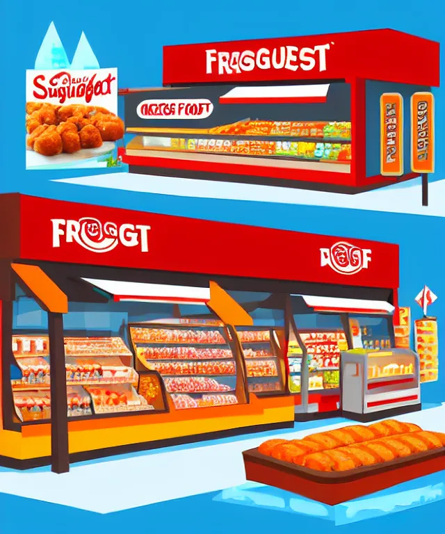 Prompt: digital painting of frozen food shop,like sausage,beef,nugget,etc,with interesting look,picture for website ads,details,photorealistic and make people hungry!,