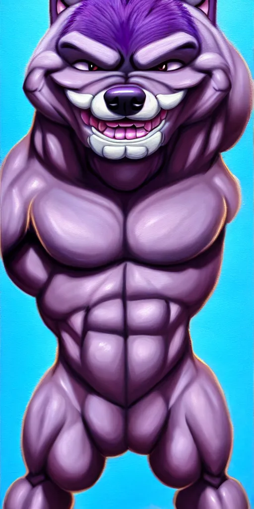 Image similar to painting of an anthropomorphic bulky muscular purple dog, furry style, wearing jeans, deviant art, fursona, professional furry drawing, insanely detailed, bulky dog face, detailed veiny muscles, exaggerated features, beautiful shading, huge white teeth, grinning, standing in a street, flexing and posing, full body, wearing ragged jeans