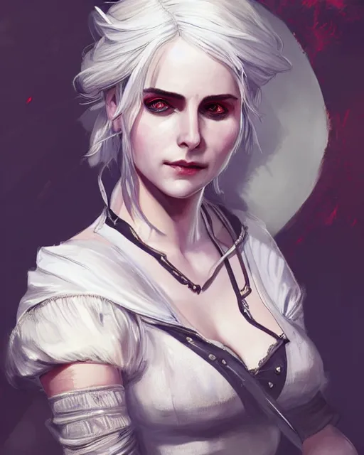 Prompt: Ciri from Witcher 3 by Viorie and Toni Infante and Timothy Kong, wearing haute couture by schiaparelli, sharp focus, sun rays, intricate, elegant, highly detailed, digital painting, masterpiece.