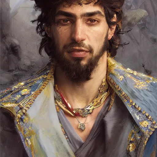 Prompt: highly detailed portrait of a handsome, wealthy kurdish merchant d & d. art by donato giancola, eugene delacroix, ruan jia, carl larsson, peter mohrbacher. trending on artstation, intricate details, energetic composition, fantasy, concept art, illustration, elegant art, global illuminaition