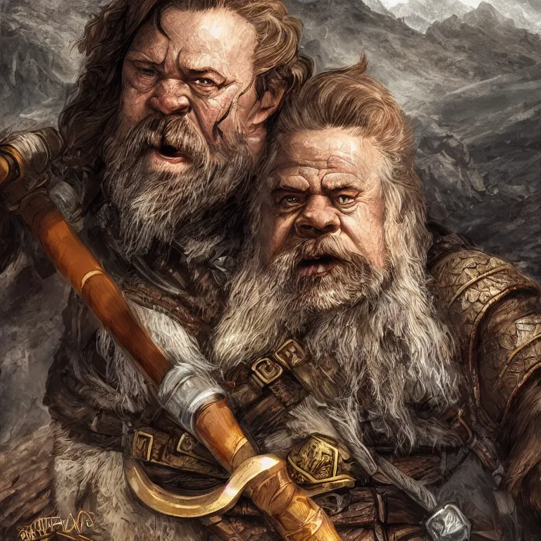 Image similar to dwarf with hammer in mountains, lord of the rings style, fantasy, poster, character portrait, portrait, close up, concept art, intricate details, highly detailed, full body, 8 k, detailed face, body