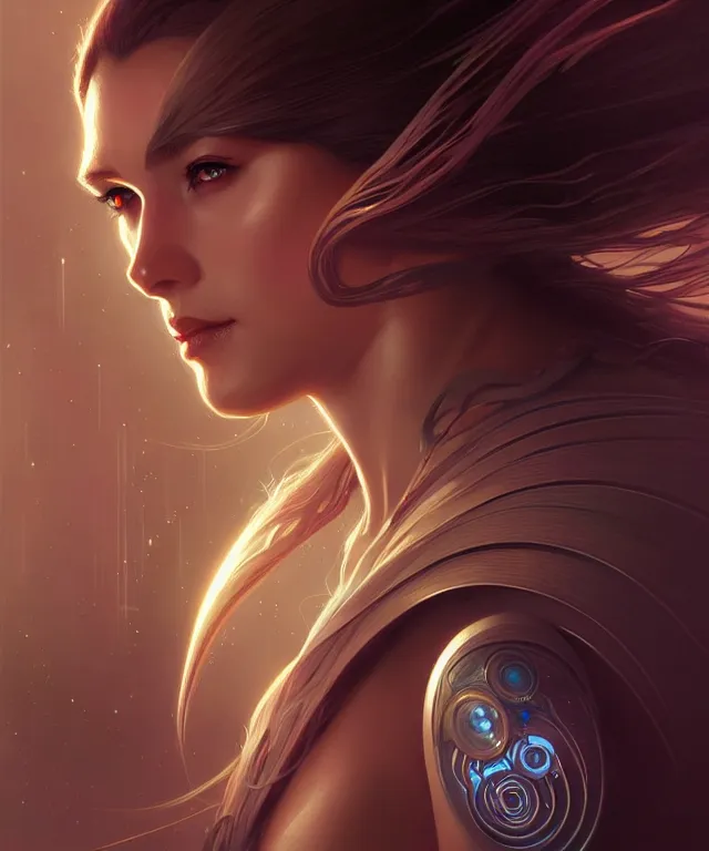 Image similar to futuristic woman portrait, sci-fi, amber eyes, face, long hair, fantasy, intricate, elegant, highly detailed, digital painting, artstation, concept art, smooth, sharp focus, illustration, art by artgerm and greg rutkowski and alphonse mucha