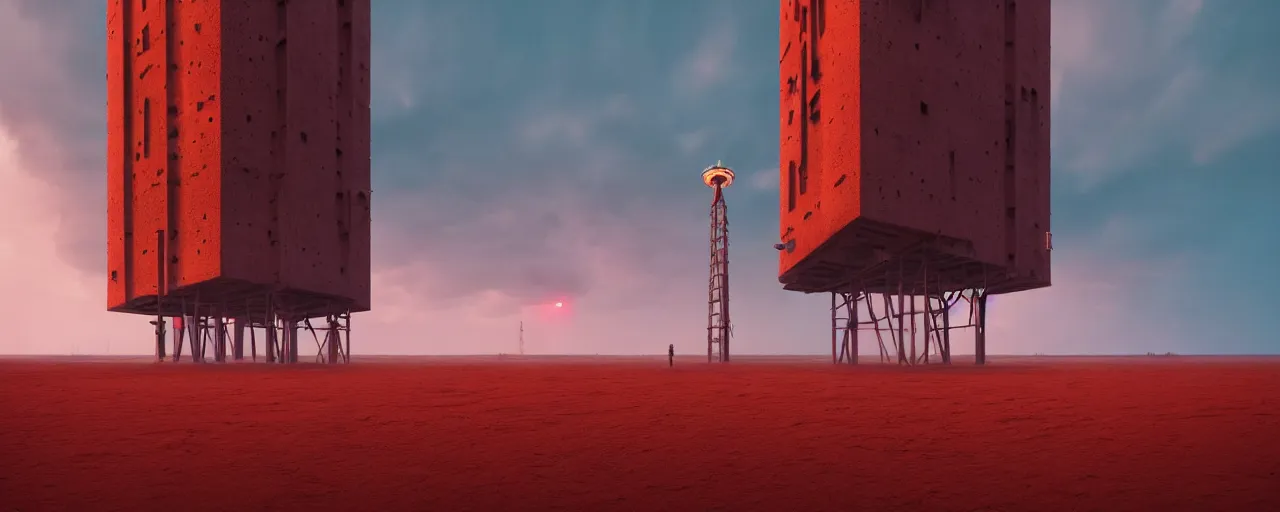 Prompt: a concrete tower with several power cables coming from the top of the tower and going out of frame, the tower stands in red sand beach, cloudy day, blue hour, by filip hodas, by simon stalenhag, cinematic, dramatic light, red lights, concept art, matte painting, trending on artstation, dystopia, cyberpunk