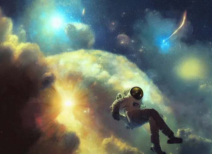 Image similar to craig mullins and ghibli digital illustration of an astronaut floating in the middle of the cosmos doing jazz improv, full body, strong contrast, earth, galaxies, ethereal, inviting, bright, raking light from constellations, unreal engine, hyper realism, realistic shading, cinematic composition, realistic render, octane render, detailed textures, photorealistic, wide shot