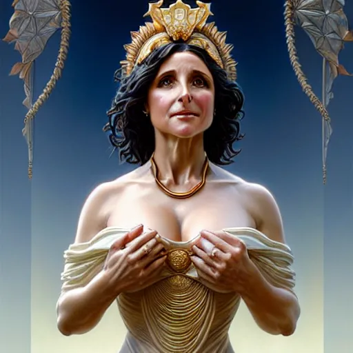 Image similar to ultra realistic illustration, a statue of a glorious goddess julia louis - dreyfus, intricate, elegant, highly detailed, digital painting, artstation, concept art, smooth, sharp focus, illustration, art by artgerm and greg rutkowski and alphonse mucha