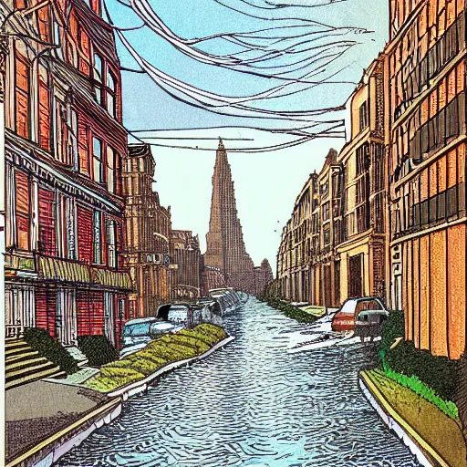 Image similar to water flowing through the streets in brooklyn, color, front view, drawing by moebius