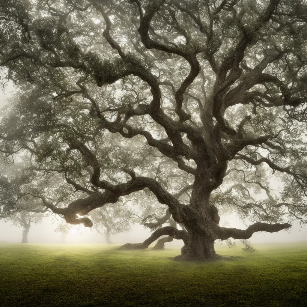 Prompt: old oak tree in four seasons colors growing on a meadow partially covered with morning fog, with big tree hollow in the trunk, with rope ladder hanging down from the tree hollow, cinematic lighting, photo realistic image, 4K, super detailed, cinematic look