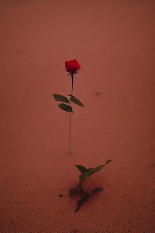 Image similar to agfa vista 4 0 0 photograph of a single rose growing in the desert sand, synth vibe, vaporwave colors, lens flare, moody lighting, moody vibe, telephoto, 9 0 s vibe, blurry background, grain, tranquil, calm, faded!,