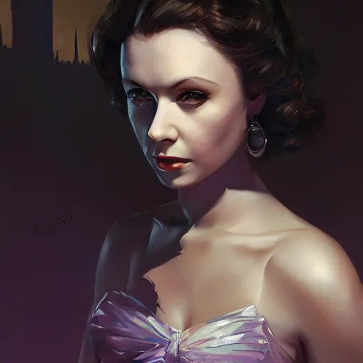 Image similar to closeup portrait of a young vivian leigh, dramatic lighting, city background, night, moon, chiaroscuro, high detail, painted by greg rutkowski, painted by igor kieryluk, painted by bobby chiu, trending on artstation