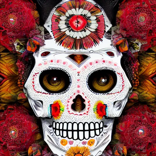 Prompt: new born baby, self - portrait, symmetry, intricate, dia de los muertos, skull mask, aztec ultra detailed feathered dress, 8 k resolution,
