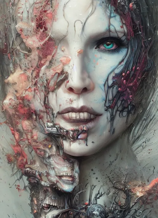 Prompt: Alice eats a cake and grows large,highly detailed,half skull face,cinematic,8k,by Stanley Artgermm,Tom Bagshaw,Greg Rutkowski,Carne Griffiths, Ayami Kojima, Beksinski, Giger,trending on DeviantArt,hyper detailed,horror, full of colour