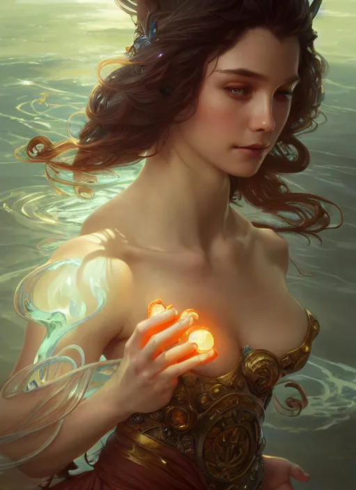 Image similar to summoner with a cute water elemental, fantasy, intricate, elegant, highly detailed, digital painting, artstation, concept art, wallpaper, smooth, sharp focus, illustration, art by artgerm and greg rutkowski and alphonse mucha