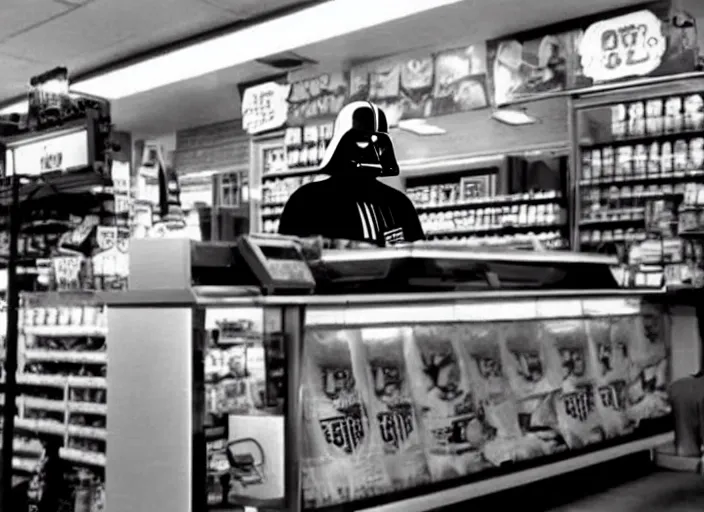 Image similar to film still of Darth Vader working as a clerk in a convenience store in Clerks movie 1994