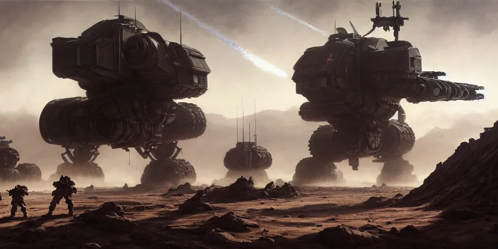 Image similar to hyper realistic sci - fi matte concept art painting of epic cinematic battle between a variety of mechwarriors and soldiers fighting on mars, guns, missiles, explosions, beautiful details, strong composition painted by kim jung guweta studio rutkowski, james gurney and greg rutkowski, and lucasfilm, smooth, intricate, detailed, sharp focus, cinematic