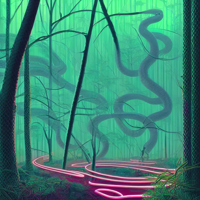 Image similar to illustration of a futuristic giant snake in a neon forest, highly detailed, by James Gilleard and Bruce Pennington