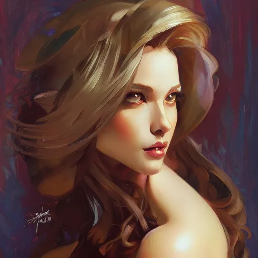 Image similar to painted portrait of a beautiful woman by artgerm, gil elvgen, greg manchess, mucha