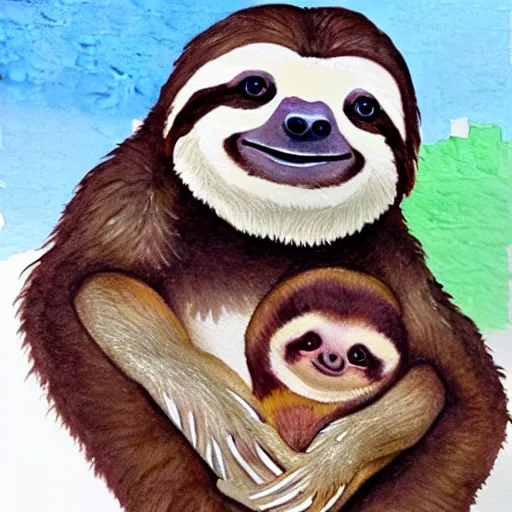 Prompt: A realistic watercolour painting of a sloth with a baby sloth, fine detail, washed out background