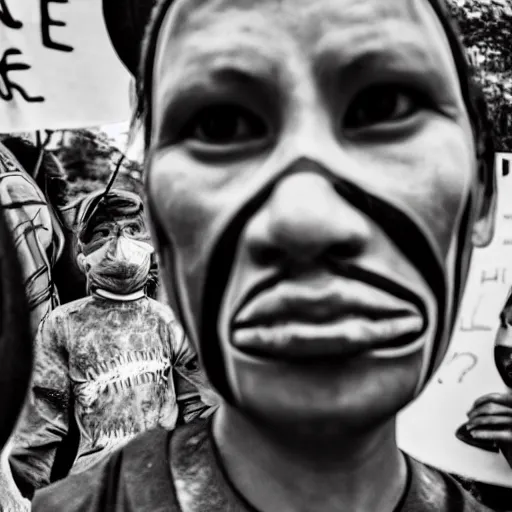 Image similar to hunnic protester face elongated cranium photo black and white wide angle lense