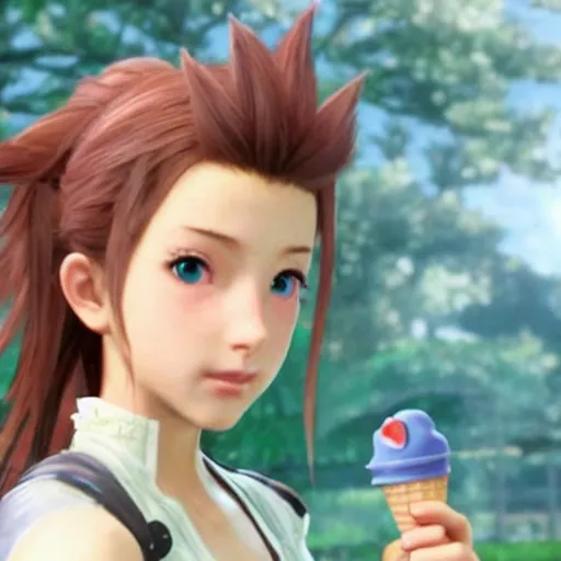 Prompt: Aerith Gainsborough from Final Fantasy VII Remake eating an ice cream cone