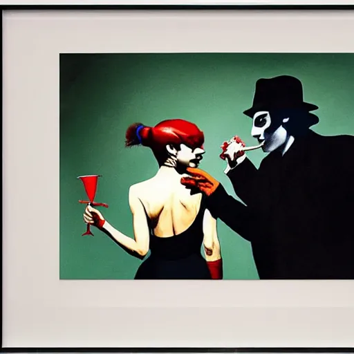 Image similar to edward hopper and mimmo rottela and banksy as joaquin phoenix skinny joker holding hand lady gaga harley queen, medium shot, ultra photorealistic, extreme realistic, intricate details, pop art style, concept art, confident, love, random object movement, 3 colours, warm color, 4 k, ultra smooth, sharp focus