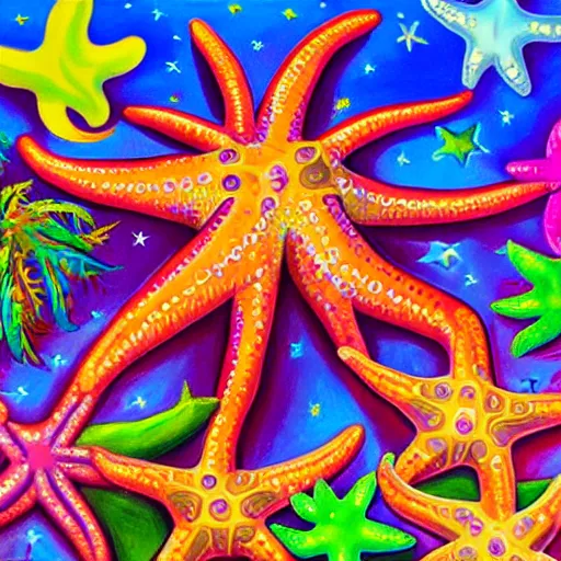 Image similar to a painting of a giant brown starfish with the words c and starfish in big letters. children in a school band playing nearby, playing instruments. realistic. ultra detailed. art by lisa frank