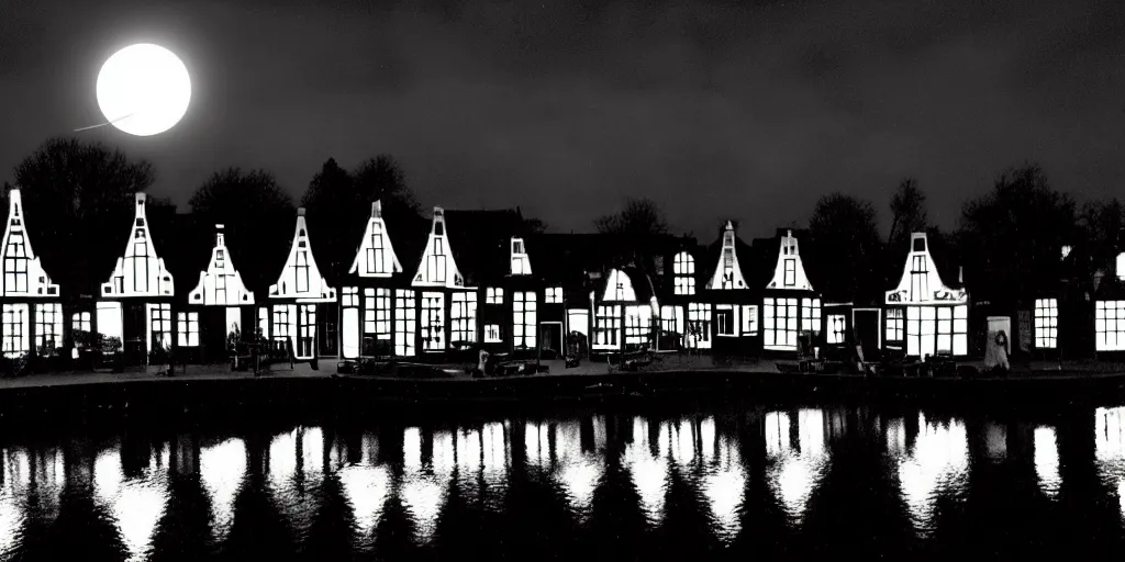 Image similar to Dutch houses along a river, silhouette!!!, Circular white full moon, black sky with stars, lit windows, stars in the sky, b&w!, Reflections on the river, a man is punting, flat!!, Front profile!!!!, (high contrast), HDR, soft!!, street lanterns, 1904, illustration, shadowy figures