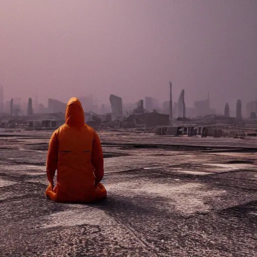 Image similar to a beautiful award-winning photo of the last man on Earth wearing a hazmat suit, sitting and depressed, serene post-nuclear background, a huge nuclear cloud, a mirage of a skyline of a destroyed city, numerous fires, volumetric lighting, haze, very high quality, extremely detailed, subtle visual noise, unreal engine 5, 8K