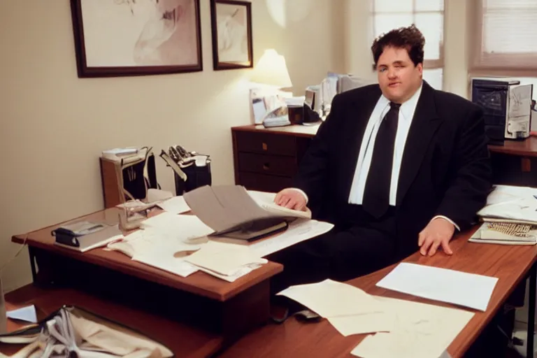 Prompt: cinematic film still from 1994 film: portly clean-shaven white man wearing suit and necktie at his desk. He has his right leg and foot propped up on his desk. XF IQ4, f/1.4, ISO 200, 1/160s, 8K, RAW, dramatic lighting, symmetrical balance, in-frame