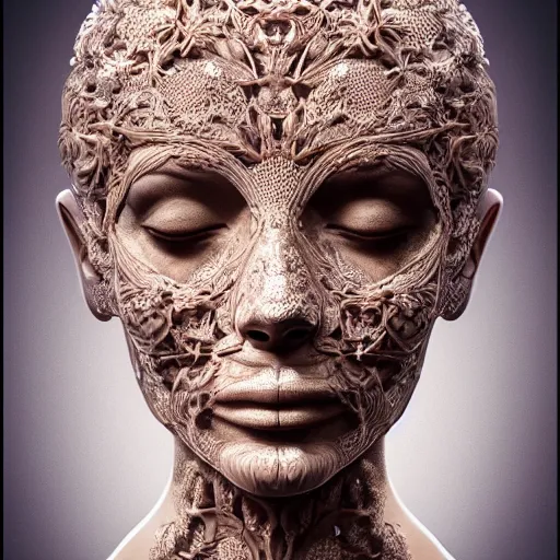 Image similar to beatifull frontal face portrait of a woman, 150 mm, anatomical, flesh, flowers, mandelbrot fractal, facial muscles, veins, arteries, symmetric, intricate, golden ratio, full frame, microscopic, elegant, highly detailed, ornate, ornament, sculpture, elegant , luxury, beautifully lit, ray trace, octane render in the style of peter Gric , alex grey and Romero Ressendi