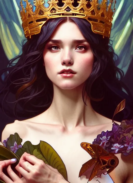 Image similar to hannah owo as queen, incredibly detailed face, pretty face, light dress, true anatomy, art by artgerm and greg rutkowski and alphonse mucha