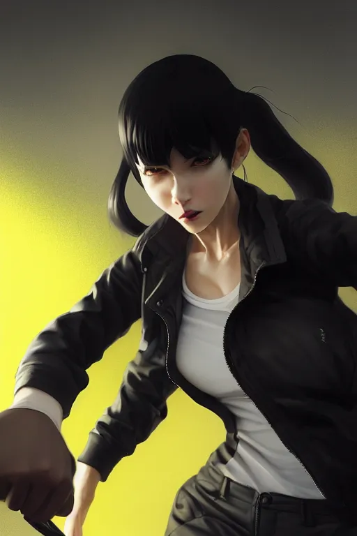 Prompt: black ponytail hair, pale woman in a black unzipped jacket, black shorts, yellow eyes, by artgerm, beautiful render, matte painting, realistic, dynamic angle, wlop, loish, octane render, sharp focus, decadent, by greg rutkowski makoto shinkai