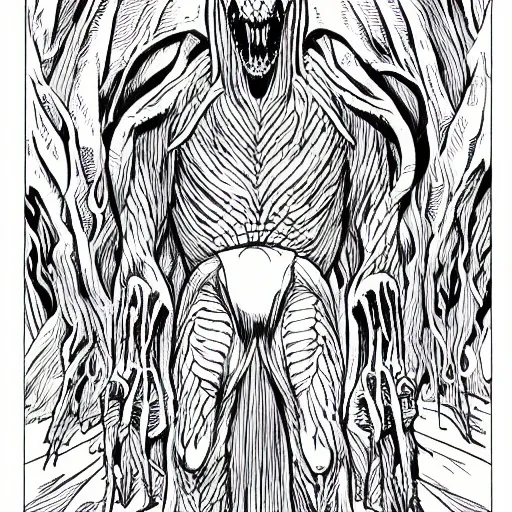 Image similar to clean simple line art of a terrifying monster from folklore. no background. well composed, clean coloring book page, beautiful detailed art. lots of white space. coloring book line art by steve ditko and jack kirby and greg rutkowski