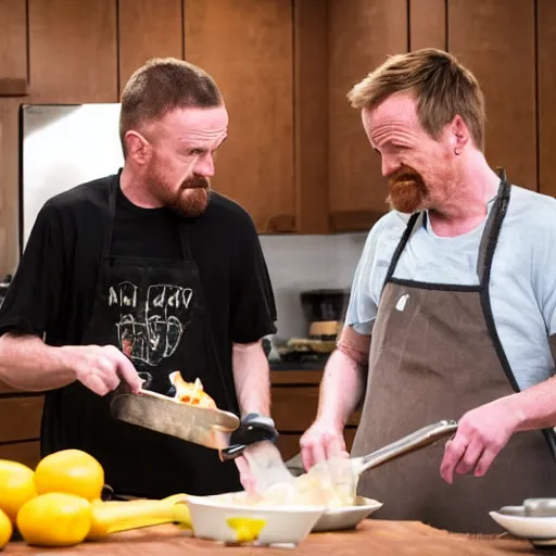 Image similar to walter white and jesse pinkman cooking dinner, high resolution, dslr photo, shot on nikon d 3 2 0 0