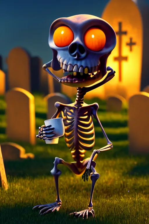 Image similar to a small skeleton character with big round eyes holding a cup of coffee on a cemetery at night. pixar disney 4 k 3 d render movie oscar winning trending on artstation and behance. ratatouille style.