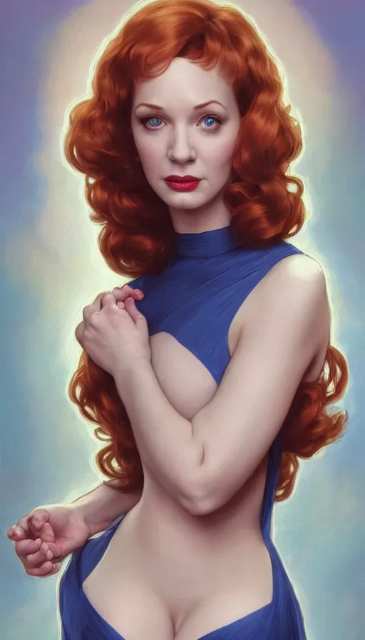 Prompt: Angel, perfectly-centered-painting of young Christina Hendricks in Mad Men looking at the camera, hands behind her back, sweaty, dynamic action pose, insane, intricate, highly detailed, digital painting, artstation, concept art, smooth, sharp focus, illustration, Unreal Engine 5, 8K, art by artgerm and greg rutkowski and alphonse mucha