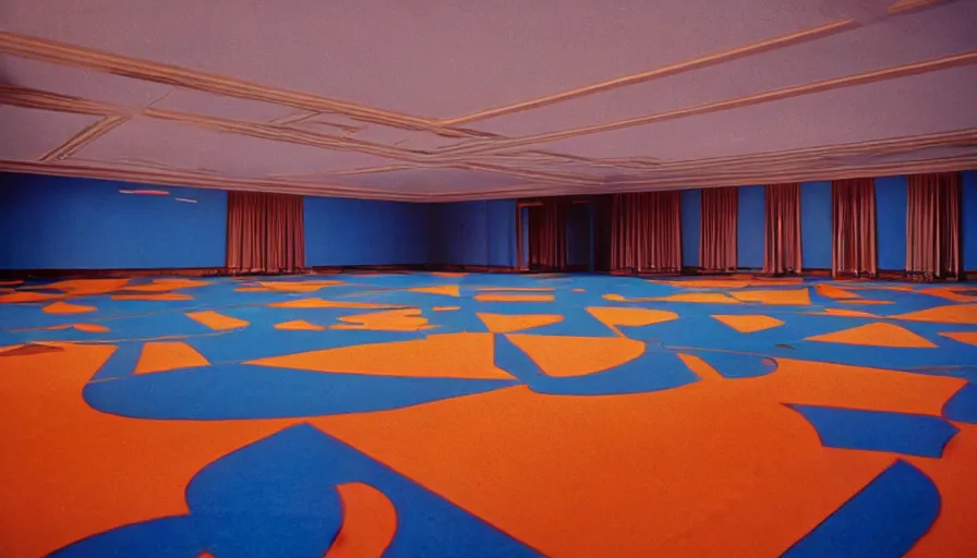 Image similar to 70s movie still of a ballroom with blue ceiling, cinestill 800t Technicolor, heavy grain, high quality, criterion collection, liminal space style