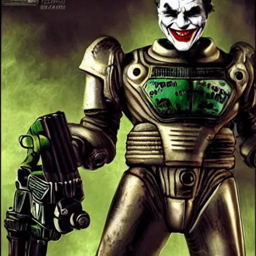 Image similar to the joker wearing power armor, fallout 3, very detailed, very intricate,